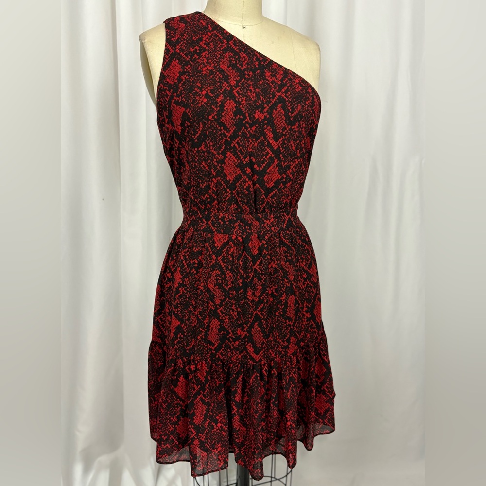 Michael Kors Red Snakeprint  Ruffled Asymmetrical Dress 8